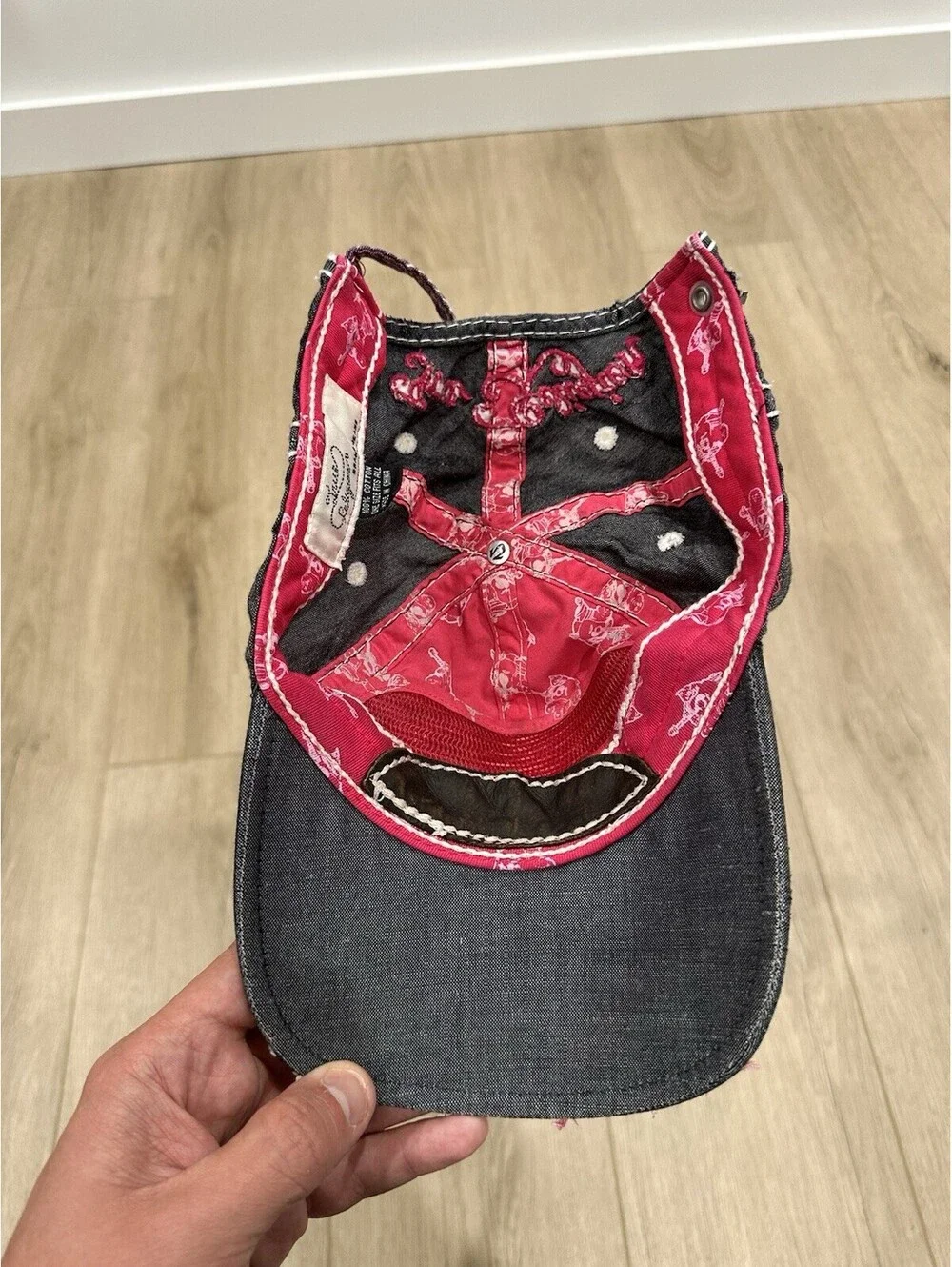 True Religion Distressed Gray Pink Adjustable Strap-Back Hat BROKEN